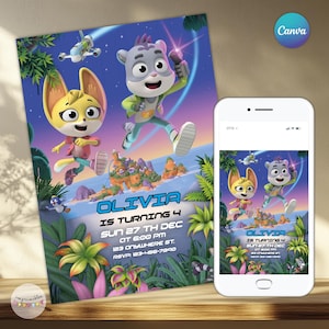 Puede incluir: Una invitación de cumpleaños con personajes de dibujos animados en un diseño colorido. La invitación incluye el nombre "OLIVIA" y los detalles del evento. Un smartphone muestra la misma invitación. El fondo incluye plantas tropicales.