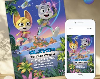 Geburtstagseinladung „Creature Cases“ für Mädchen und Jungen, Geburtstagseinladung, bearbeitbares digitales Design in Canva.