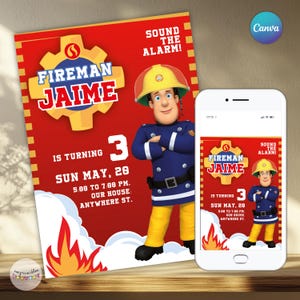 Puede incluir: Una invitación de cumpleaños de Bombero Jaime roja y amarilla con una ilustración de bombero de dibujos animados. La invitación incluye el texto "Sound the Alarm!" y los detalles de la fiesta. Un smartphone muestra el mismo diseño.