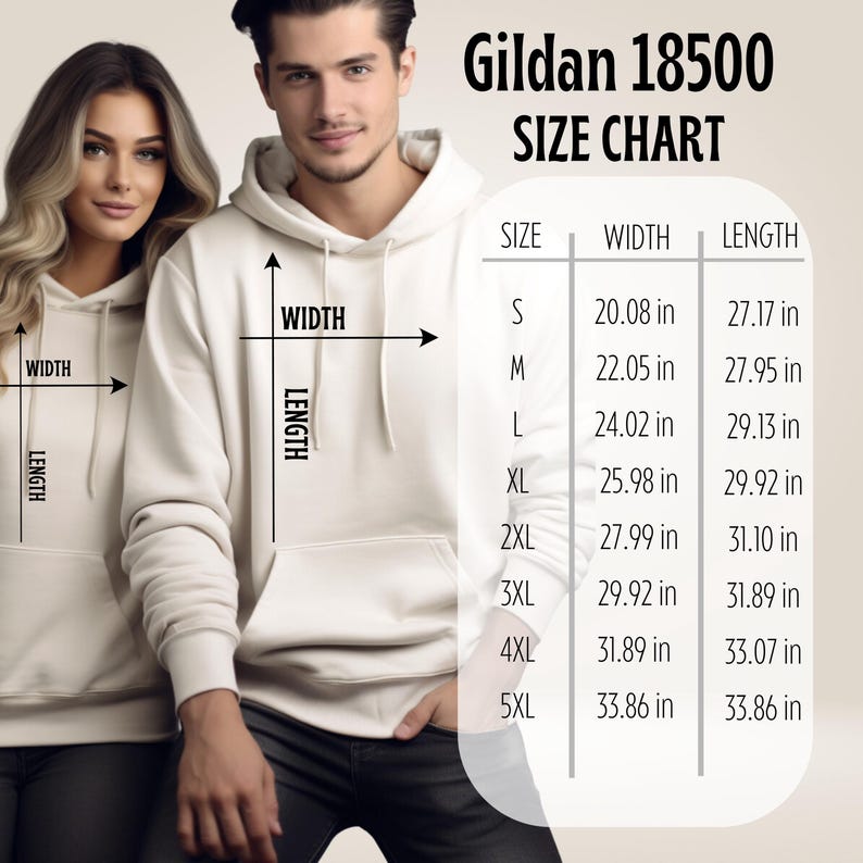 Unisex hoodie size chart Gildan 18500 measurements