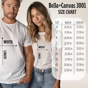 Pu&ograve; includere: Una tabella delle taglie per t-shirt Bella+Canvas 3001, con misure in pollici. La tabella include le taglie XS-5XL, con dettagli sulle dimensioni di larghezza e lunghezza. Nell'immagine ci sono due persone che indossano t-shirt bianche.