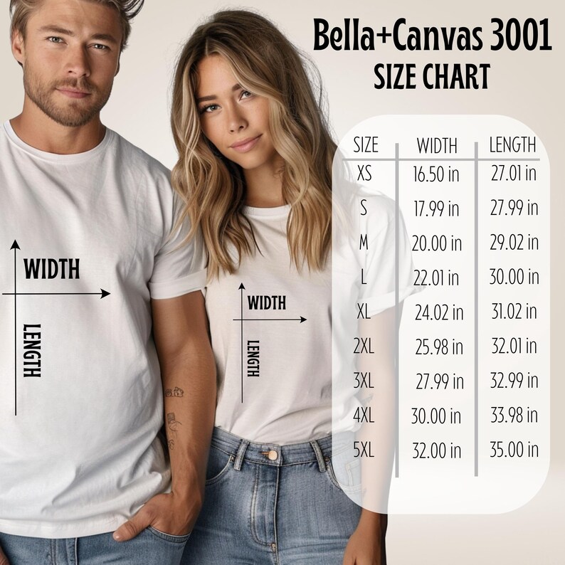 Pu&ograve; includere: Una tabella delle taglie per t-shirt Bella+Canvas 3001, con misure in pollici. La tabella include le taglie XS-5XL, con dettagli sulle dimensioni di larghezza e lunghezza. Nell'immagine ci sono due persone che indossano t-shirt bianche.