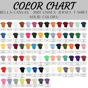 Pu&ograve; includere: Tabella colori per t-shirt unisex Bella+Canvas 3001 Jersey, con una vasta gamma di colori tinta unita. La tabella mostra varie tonalit&agrave;, tra cui celeste, nero, corallo e giallo, come guida visiva per la selezione dei colori.