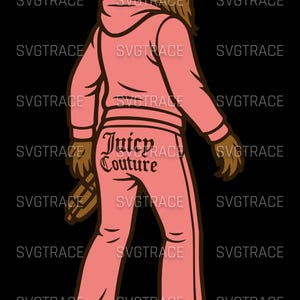 Puede incluir: Ilustración de un personaje peludo marrón con un chándal rosa con las palabras "Juicy Couture" en la espalda. El personaje se aleja del espectador sobre un fondo negro.