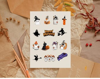 Hoja de pegatinas de Halloween / Fantasmas, calabazas, bruja (descarga digital)