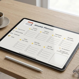 May include: A digital tablet displaying a weekly planner template with the title Weekly Planner, sections for each day of the week, daily tasks, meeting notes, a travel log, goals, and an AI assistant section for top priorities of the week.