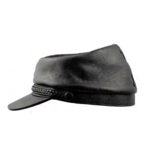 May include: A black leather cap with a short brim and a braided band around the base. The cap has a rounded crown and a button detail on the side. The hat is a classic style, suitable for various occasions.