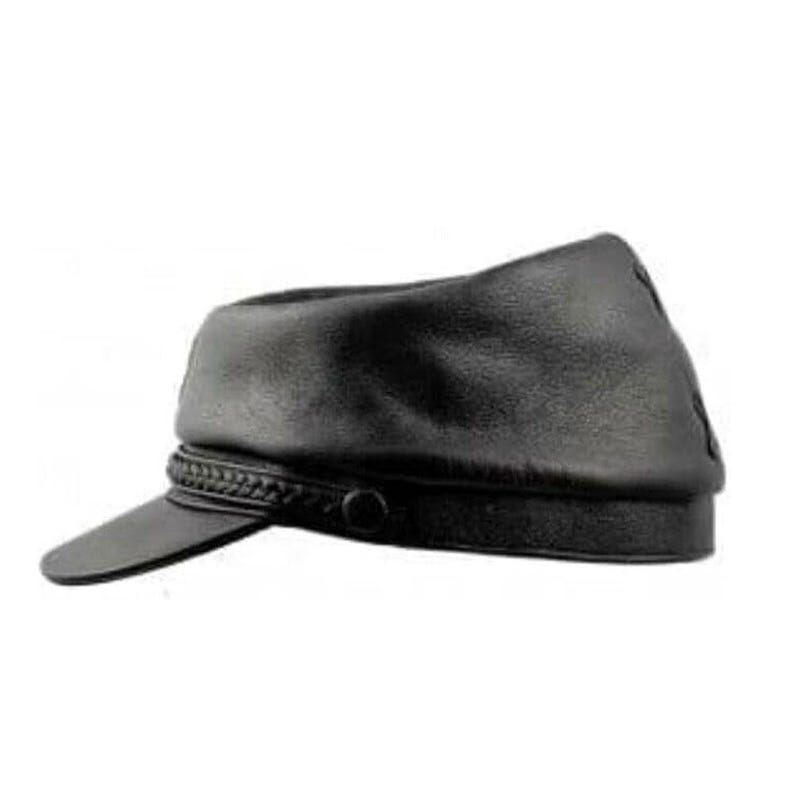 May include: A black leather cap with a short brim and a braided band around the base. The cap has a rounded crown and a button detail on the side. The hat is a classic style, suitable for various occasions.