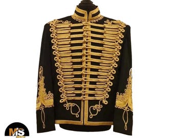 Men's Black Wool Hussar Military Jacket with Gold Braiding – Band Parade Costume