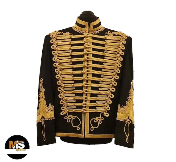 Men's Black Wool Hussar Military Jacket with Gold Braiding – Band Parade Costume