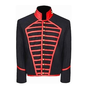 May include: Black military-style jacket with red trim and gold buttons. The jacket features a high collar and decorative red stripes across the chest and sleeves. A formal garment suitable for costumes or themed events.