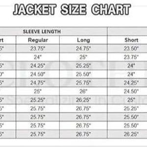 May include: A jacket size chart with measurements in inches. The chart includes chest, waist, sleeve length (short, regular, long), and jacket length (short, regular, long) measurements. The text "JACKET SIZE CHART" is at the top.