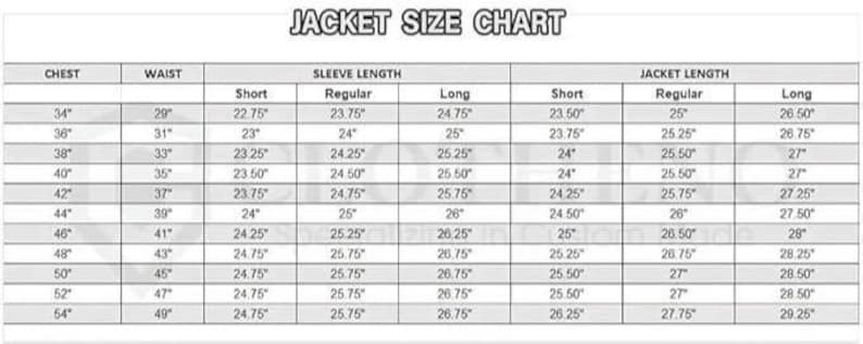 May include: A jacket size chart with measurements in inches. The chart includes chest, waist, sleeve length (short, regular, long), and jacket length (short, regular, long) measurements. The text "JACKET SIZE CHART" is at the top.