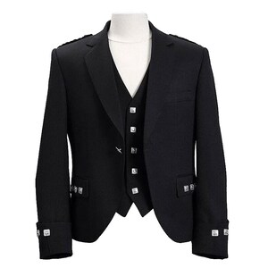 May include: A black kilt jacket and waistcoat set. The jacket has silver-toned buttons, cuff details, and shoulder accents. The waistcoat has a V-neck and a row of silver buttons. The outfit is displayed on a white mannequin.