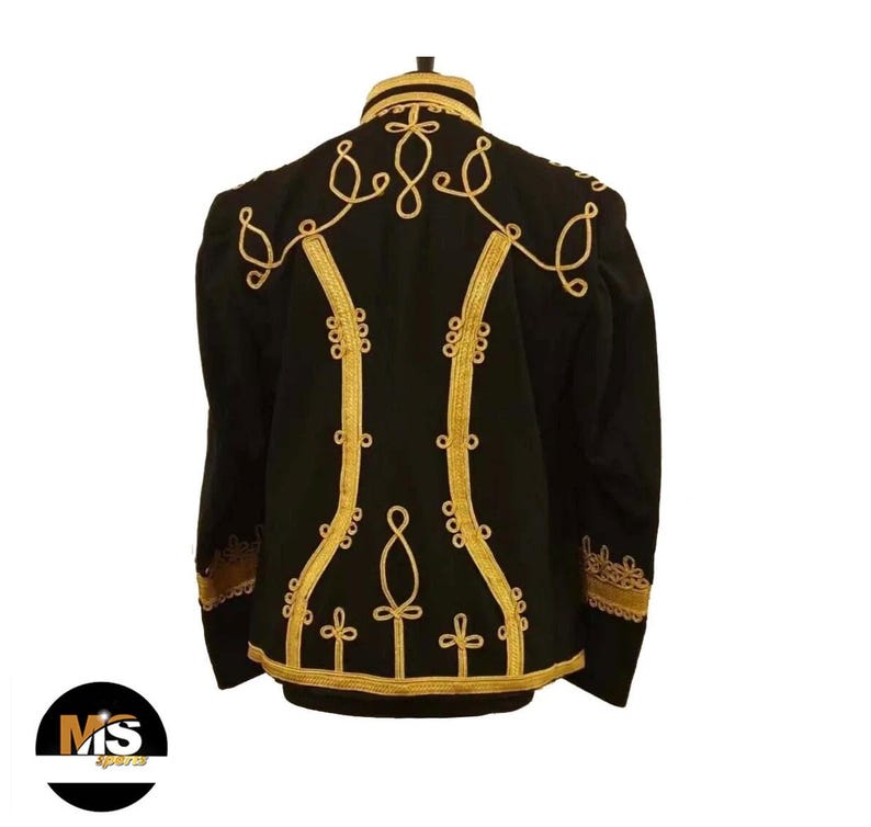 May include: Black jacket with gold embroidery. The back of the jacket features elaborate gold thread designs, including symmetrical patterns and decorative borders. The jacket has long sleeves and a high collar, with gold trim.