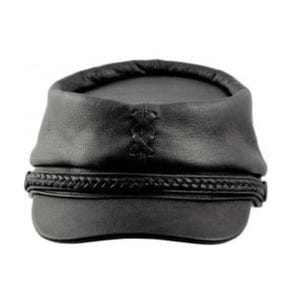 May include: A black leather hat with a rounded crown and a braided band around the base. The back of the hat features a decorative criss-cross stitch detail. The hat appears to be made of a soft, pliable leather.