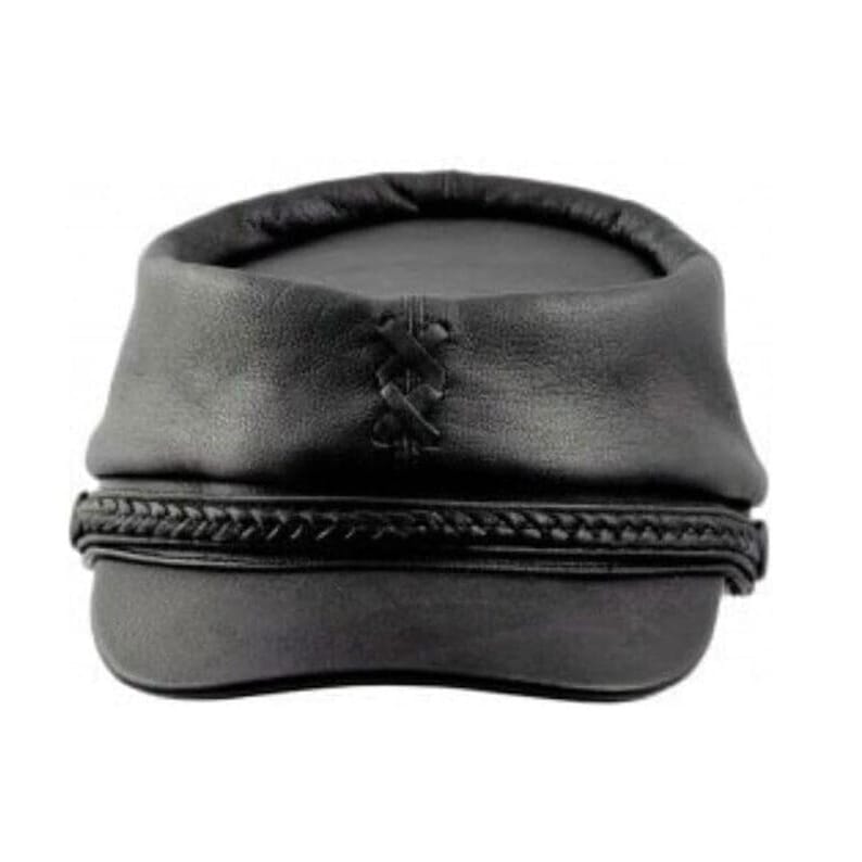 May include: A black leather hat with a rounded crown and a braided band around the base. The back of the hat features a decorative criss-cross stitch detail. The hat appears to be made of a soft, pliable leather.