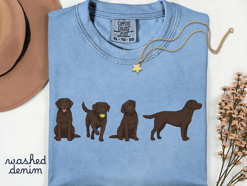 K&ouml;nnte beinhalten: Ein hellblaues T-Shirt mit einer Grafik von vier schokoladenbraunen Labradoren in verschiedenen Posen, darunter einer mit einem Tennisball. Das Shirt hat ein Comfort Colors-Etikett am Kragen mit der Gr&ouml;&szlig;e XL-TG-EG und dem Text washed denim.