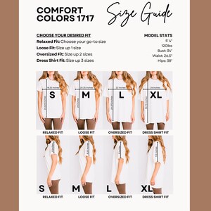 K&ouml;nnte beinhalten: Eine Comfort Colors 1717 Gr&ouml;&szlig;entabelle mit vier wei&szlig;en T-Shirts in den Gr&ouml;&szlig;en S, M, L und XL. Die Tabelle enth&auml;lt Model-Ma&szlig;e, Passform-Anleitungen und spezifische Angaben in Zoll f&uuml;r die Vorder- und Seitenansicht jedes T-Shirt-Modells.