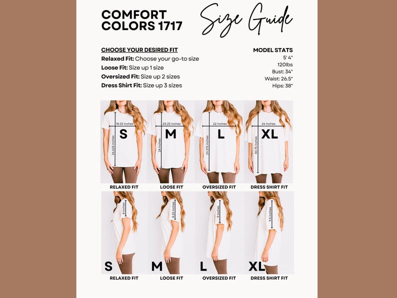 K&ouml;nnte beinhalten: Eine Comfort Colors 1717 Gr&ouml;&szlig;entabelle mit vier wei&szlig;en T-Shirts in den Gr&ouml;&szlig;en S, M, L und XL. Die Tabelle enth&auml;lt Model-Ma&szlig;e, Passform-Anleitungen und spezifische Angaben in Zoll f&uuml;r die Vorder- und Seitenansicht jedes T-Shirt-Modells.