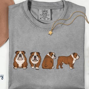 May include: A grey Comfort Colors t-shirt with a graphic of four brown and white bulldogs in various poses. A gold star pendant necklace is on the shirt. The word "Grey" is written in cursive in the bottom left corner.