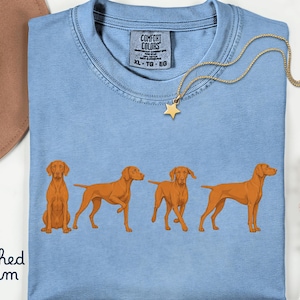 Può includere: T-shirt azzurro con grafica di un cane Vizsla in quattro pose. La maglietta ha l'etichetta con la scritta "Comfort Colors" e "XL - TG - EG". Una collana dorata con ciondolo a stella è drappeggiata sulla maglietta. La scritta "washed denim" è stampata a sinistra.