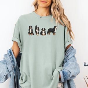 Op de afbeelding: Lichtgroen T-shirt met vier illustraties van Berner Sennenhonden in verschillende poses. De honden zijn zwart, wit en bruin. Het shirt wordt gedragen door een persoon met blond haar en een spijkerjasje.