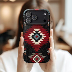 May include: A black smartphone case with a Southwestern-inspired geometric pattern in red, white, and blue. The case features a textured design and a camera module with three lenses.