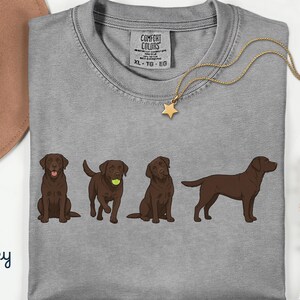K&ouml;nnte beinhalten: Ein graues T-Shirt mit einem Grafikdruck von vier braunen Labrador-Retrievern in verschiedenen Posen, darunter einer mit einem gelben Tennisball. Das Shirt hat ein Comfort Colors Markenetikett am Halsausschnitt und ist in Gr&ouml;&szlig;e XL, TG, EG.