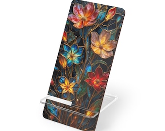 Wildflower Phone Stand, Floral Smartphone Holder, Faux Stained Glass Phone Dock, Desk Organizer, Home Decor Gift, Office Accessories