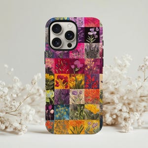 May include: A colorful phone case featuring a patchwork design of various flowers in a grid pattern. The case showcases a vibrant array of colors, including pink, purple, yellow, and orange, creating a floral theme.