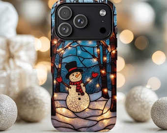 Telefonskal med snögubbe i konstmålat glas, jultelefonskal, tufft telefonskal för iPhone 17 16 15 14 13, Samsung S26 S25 S25, festligt skal