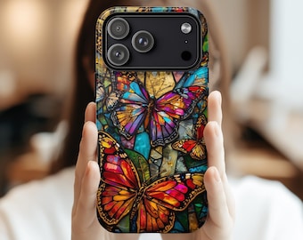 Faux Stained Glass Butterfly Phone Case, Boho Tough Phone Case, Butterfly Phone Case, iphone 17 pro case