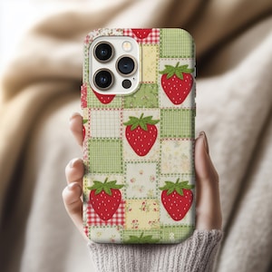 Strawberry Patchwork Phone Case, Cottagecore Protective Cover for iPhone 17 16 15 14 13 Pro Max | Samsung S25 S24 S23
