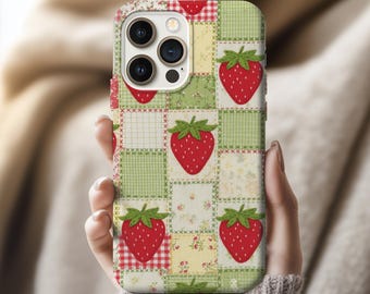 Strawberry Patchwork Phone Case, Cottagecore Protective Cover for iPhone 17 16 15 14 13 Pro Max | Samsung S25 S24 S23