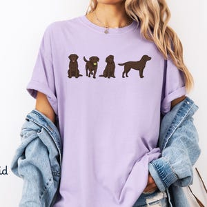 K&ouml;nnte beinhalten: Ein hellviolettes T-Shirt mit einem Grafikdruck von vier braunen Labrador-Hunden in verschiedenen Posen, darunter einer mit einem gelben Ball. Das T-Shirt hat einen Rundhalsausschnitt und kurze &Auml;rmel, mit dem Wort Orchid unten links.