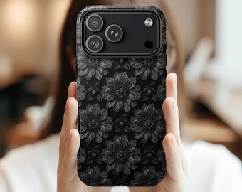 Funda para teléfono con estampado floral negro, funda resistente monocromática negra para iPhone 17 16 15 14 13, Samsung S25 S24 S23, elegante funda para teléfono