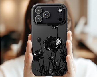 Funda para teléfono monocromática negra con estampado de flores silvestres, elegante funda protectora, diseño floral, regalo para ella, iPhone 17 16 15 14 13, Samsung S25 S24