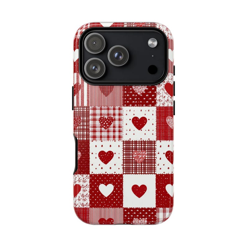 Red Patchwork Heart Phone Case, Vintage Farmhouse Aesthetic, Quilted Pattern, Cute Rustic Country Heart iPhone 17 16 15 14 13 image 13