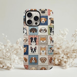 Cover per telefono con motivo a patchwork di cani, cover protettiva con diverse razze canine per Samsung S26 S25 S25, Google Pixel 8 9, iPhone Pro Max 17 16 15 14 13 12 11