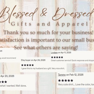 May include: Image with the text "Blessed & Dressed Gifts and Apparel" in a decorative font. Customer reviews with star ratings and comments are displayed. The background is a rustic, pastel-coloured wooden surface.