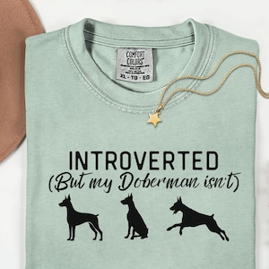 May include: A light green t-shirt with the text "INTROVERTED (But my Doberman isn't)" and three black Doberman silhouettes. A gold necklace with a star pendant and a brown hat are also visible.