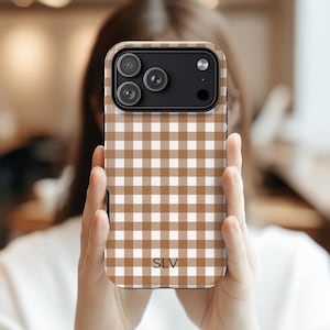 Brown Gingham Magnetic Phone Case, MagSafe Tough Phone Case, Monogram Phone Case / iPhone 17 16 15 14 13 Pro Plus Max