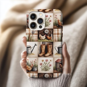 May include: A phone case with a patchwork design showcasing farm-themed illustrations. The case features images of chickens, flowers, watering cans, and wellington boots. The colour scheme includes brown, beige, and hints of green and red, creating a rustic aesthetic.