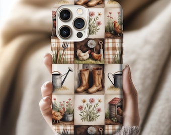 Brown Patchwork Chicken Phone Case, Vintage Farmhouse Aesthetic, Quilted Pattern, Cute Rustic Country Farm iphone 17 16 15 14 13