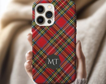 Personalisierte rote Tartan karierte Telefonhülle, mit Monogramm benutzerdefinierte Hülle karierte iPhone Hülle 17 16 15 14 13 12 11