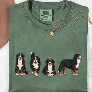 Op de afbeelding: Mosgroen t-shirt met vier illustraties van Berner Sennenhonden. Het shirt heeft een ronde hals en korte mouwen. Een goudkleurige ketting met een sterhanger ligt op het shirt. Het shirt is gelabeld "Comfort Colors" met maat XL.
