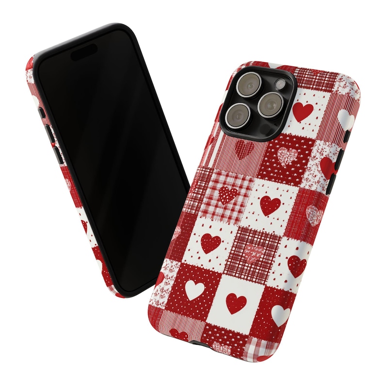 Red Patchwork Heart Phone Case, Vintage Farmhouse Aesthetic, Quilted Pattern, Cute Rustic Country Heart iPhone 17 16 15 14 13 image 4