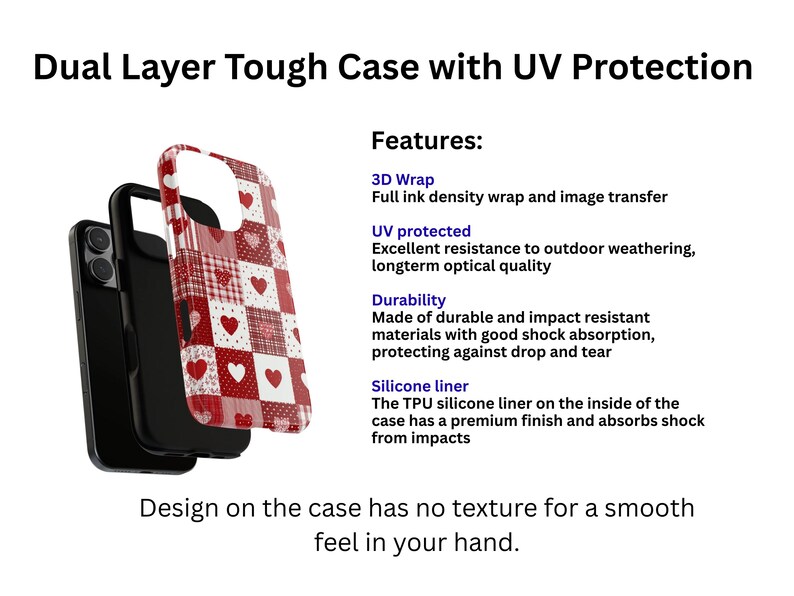 May include: A dual-layer tough phone case with UV protection. The case features a red and white patchwork design with hearts. The text on the image reads "Dual Layer Tough Case with UV Protection" and "Design on the case has no texture for a smooth feel in your hand."