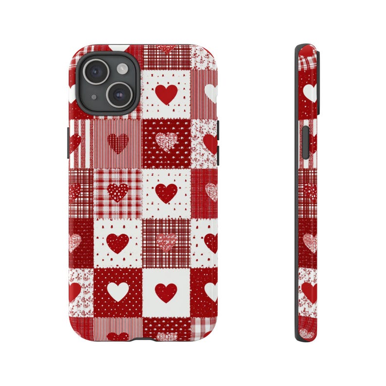 Red Patchwork Heart Phone Case, Vintage Farmhouse Aesthetic, Quilted Pattern, Cute Rustic Country Heart iPhone 17 16 15 14 13 image 16